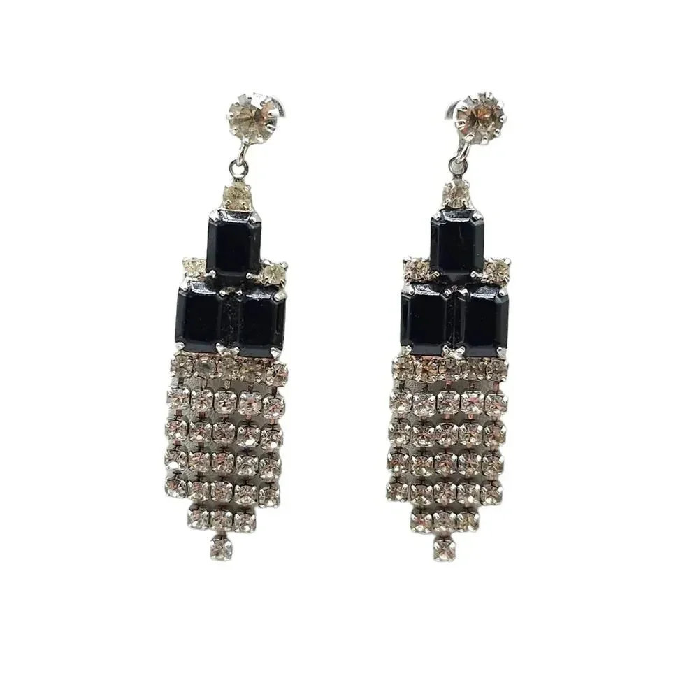 Black Clear Rhinestone Waterfall Dangle Drop Earrings Silver Tone Vintage Deco